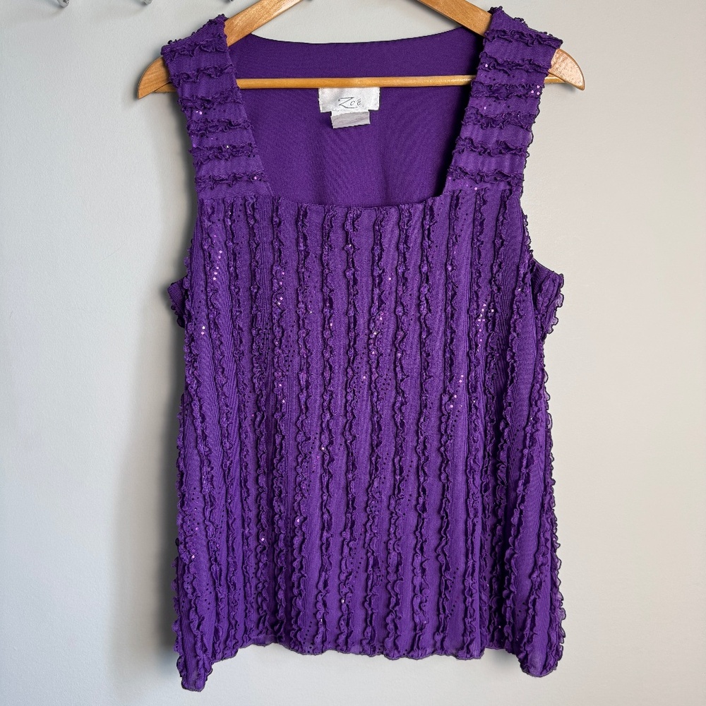 Zoe Women's Sleeveless Ruffle Blouse Purple Size Large Sequin Lined Festival